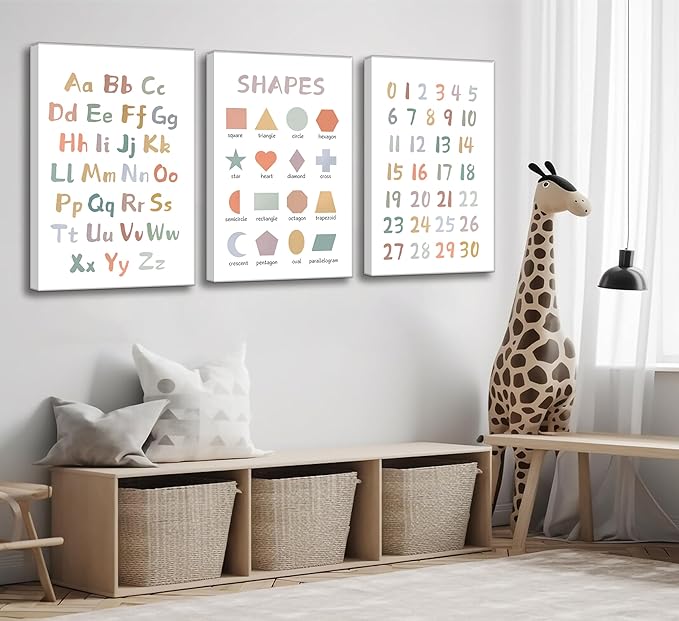 3Pcs Kids Playroom Wall Art Decor Toddler Room Decor ABC Nursery Artwall Shapes Canvas Wall Art 123 Poster Print Decoration for Classroom Toddler Kids Nursery Bedroom