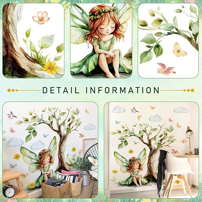 DRWSSR 2Sheets Removable Cartoon Green Butterfly Elf Girl Decals Fairy Wall Decals DIY Tree and Leaves Wall Sticker Peel and Stick Butterfly Bird Art for Girls Room Living Room Bedroom Bathroom Decor