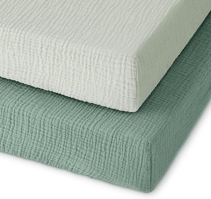 Muslin Pack and Play Sheets Fitted, 100% Cotton Mini Crib Sheets 2 Pack for Pack N Play Mattress, Stretchy Playard Sheet, Soft and Breathable Gradient Green