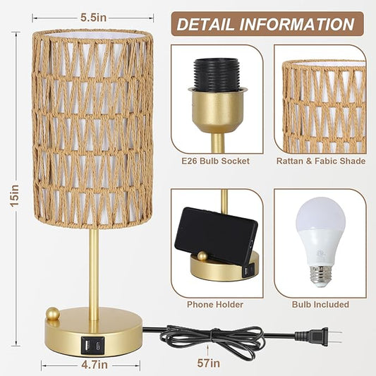 Eayaya Gold Table Lamp for Bedroom with Bulb, Small Touch Control Table Lamp for Living Room with Rattan & Linen Shade, 3 Way Dimmable Bedside Lamp for Nightstand with USB Charging Port & Phone Stand