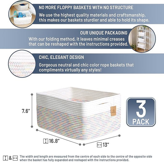 NaturalCozy Storage Baskets 16.8”x13”x7.6” Cotton Rope Woven Baskets for Organizing 3-Pack | Toy Storage Bins | Basket for Shelves, Laundry, Blanket, Clothes, Closet, Kitchen, Bathroom, Gifts
