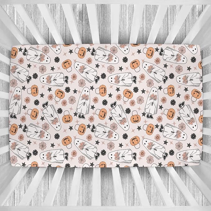 Boho Floral Halloween Pumpkin Spooky Baby Crib Sheets Sweet Gothic Soft Baby Sheets Spooky Season Fitted Crib Mattress Cover for Standard Crib and Toddler Mattress 52"x28"