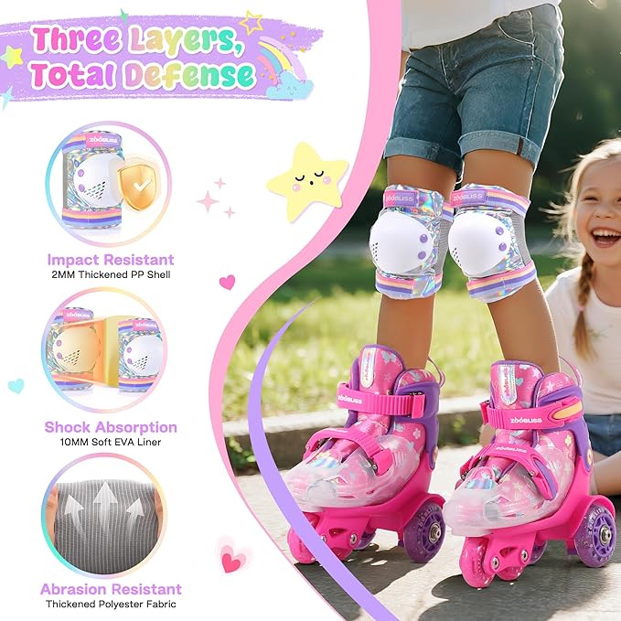 Knee Pads for Kids - ZOOBLISS Toddler Knee and Elbow Pads Set Wrist Guards for Skating Girls Aged 3-12, Kids Protective Gear for Roller Skates Skateboard Bike Scooter, Included Drawstring Bag(Rainbow)