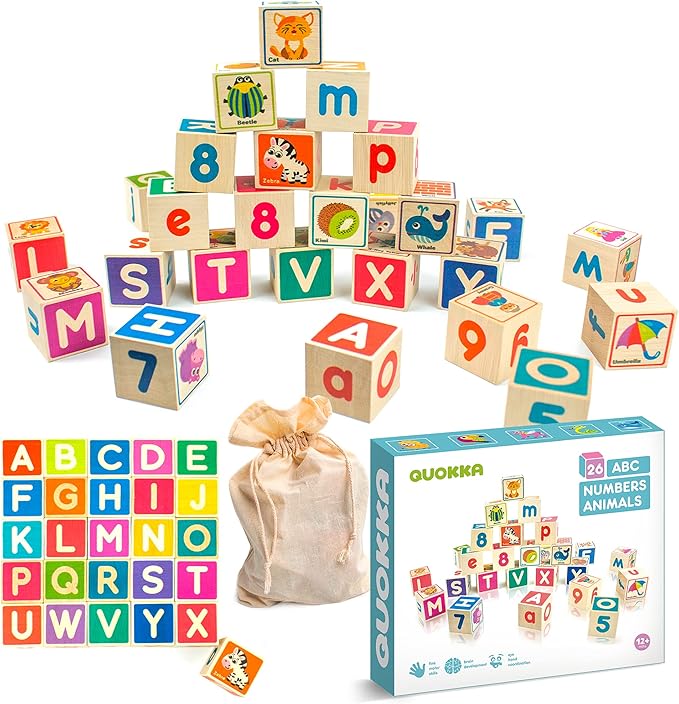 QUOKKA Wooden Blocks for Toddlers 1-3 - 26 ABC Learning Baby Blocks for Kids 3-5 Year Olds Stacking Alphabet Wood Toys for 2-4 yo - Educational with Letters Numbers - Updated Edition