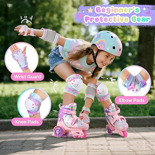 Knee Pads for Kids - ZOOBLISS Toddler Knee and Elbow Pads Set Wrist Guards for Skating Girls Aged 3-12, Kids Protective Gear for Roller Skates Skateboard Bike Scooter, Included Drawstring Bag(Rainbow)
