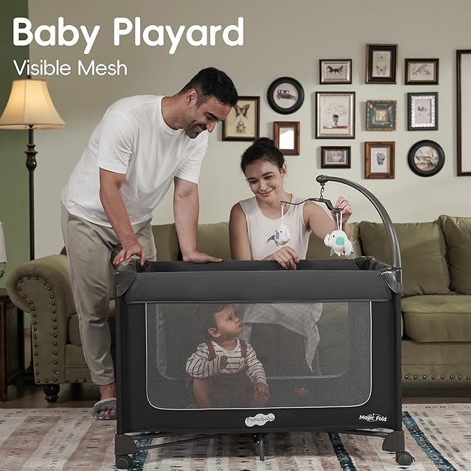 Pamo Babe 1 Step Setup Pack and Play for Babies - Portable Crib with Zip Door & Changing Table