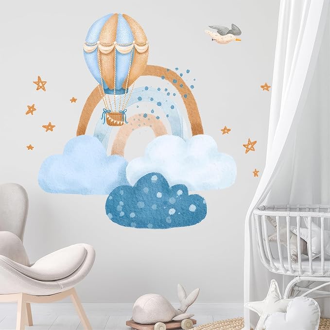 Ollaland Hot Air Balloon & Clouds Wall Decals - Peel and Stick Watercolor Rainbow Stars Bird Wall Stickers, Decor for Baby Nursery, Toddler & Kids Bedroom Walls