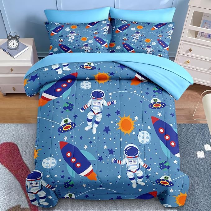 Nesker 4 Pcs Comforter Set Toddler Size, Space Moon Astronaut Bedding for Kids Teen, Cartoon Science Galaxy Bed Sheet with Pillowcase & Sham