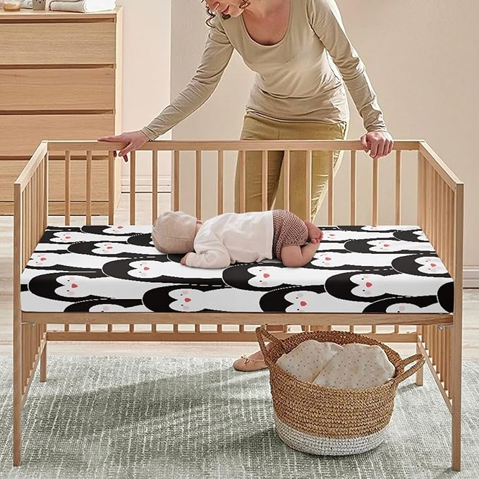 Cute Penguins Fitted Crib Sheet Penguin Cartoon Baby Crib Sheet Fit Standard Crib and Toddler Mattress,Crib Mattress Sheets for Boys Girls 28"x52"