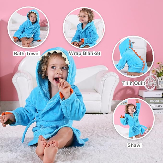 MICHLEY Girls Boys Robe Cotton Towel Baby Animal Dinosaur Style Hooded Bathrobe