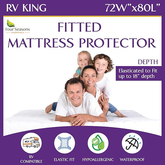 RV King Waterproof Mattress Protector (72" Wx80 L) - Fitted Sheet Style - Premium Quality Cover Protects Against Dust Allergens