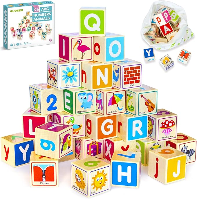 QUOKKA Wooden Blocks for Toddlers 1-3 - 26 ABC Learning Baby Blocks for Kids 3-5 Year Olds Stacking Alphabet Wood Toys for 2-4 yo - Educational with Letters Numbers - Updated Edition