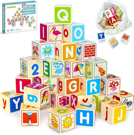 QUOKKA Wooden Blocks for Toddlers 1-3 - 26 ABC Learning Baby Blocks for Kids 3-5 Year Olds Stacking Alphabet Wood Toys for 2-4 yo - Educational with Letters Numbers - Updated Edition