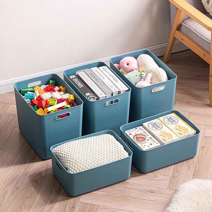 GUMEIGODA Plastic Storage Bins with lids,Storage Baskets,Container with handle,Storage Organizer Bins for Shelves,Office,Bedrooms,Closets, Cabinets(Blue, 4XL)