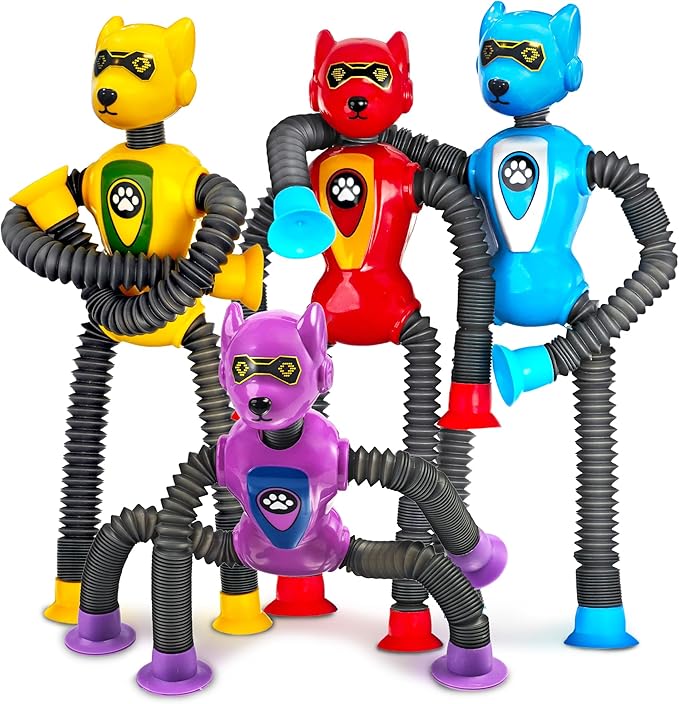 Valentines Day Gift for Boys Robot Dog Sensory Pop Tube for Toddler Kid 4PC Travel Toys Airplane Car Toy Activities Autistic Road Trip Suction Tube for Boys 3 - 8 ADHD Autism