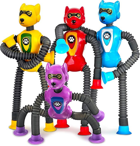 Valentines Day Gift for Boys Robot Dog Sensory Pop Tube for Toddler Kid 4PC Travel Toys Airplane Car Toy Activities Autistic Road Trip Suction Tube for Boys 3 - 8 ADHD Autism