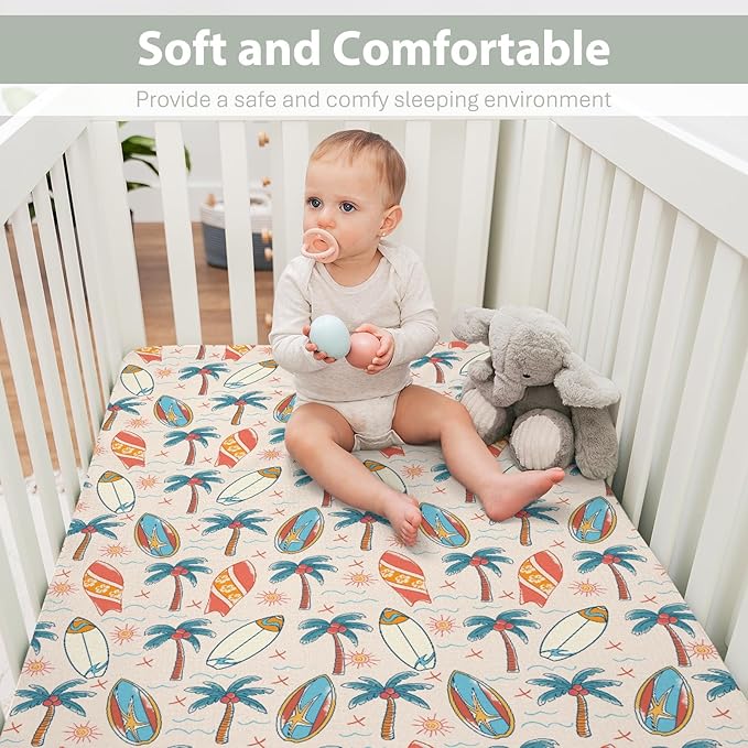 Retro Boho Surfing Baby Crib Sheets for Boy Girl 52x28Inch Summer Surfboards Coconut Palm Trees Sun Soft Snug Fitted Crib Mattress Cover Beach Life Baby Sheet for Standard Crib & Toddler Bed Mattress