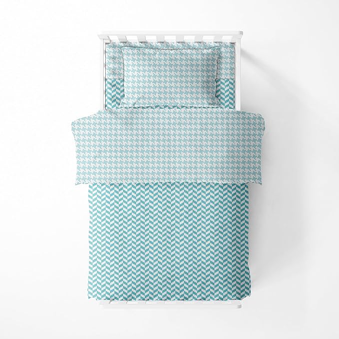 Bacati - Houndstooth/Herringbone 100% Cotton Muslin 4 Piece Neutral Toddler Bedding Set for US Standard Crib/Toddler Beds (Aqua)