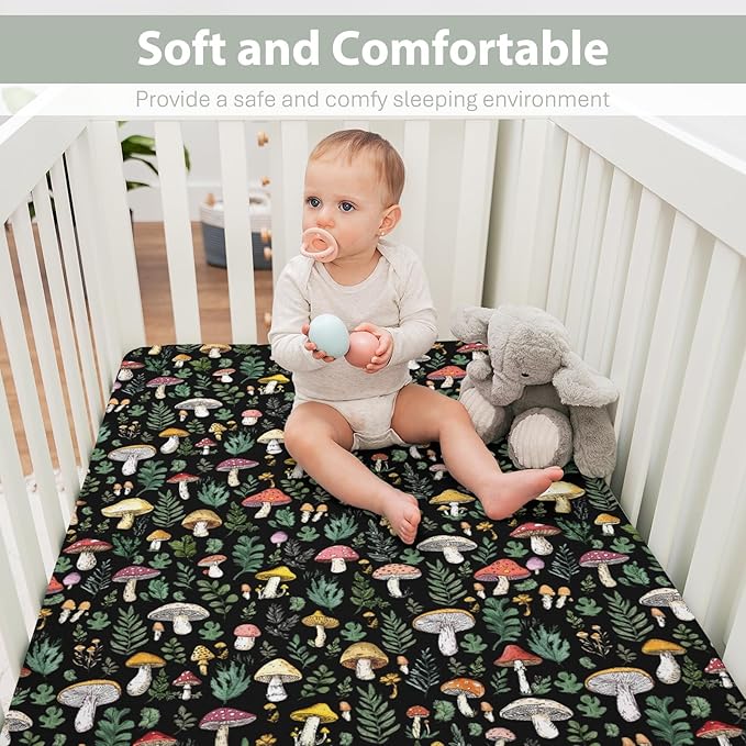 Colorful Mushrooms Green Leaves Baby Crib Sheets for Boy Girl 28"x52" Fall Mushroom Soft Stretchy Fitted Crib Mattress Cover Autumn Baby Sheet for Standard Crib & Toddler Mattress Pad