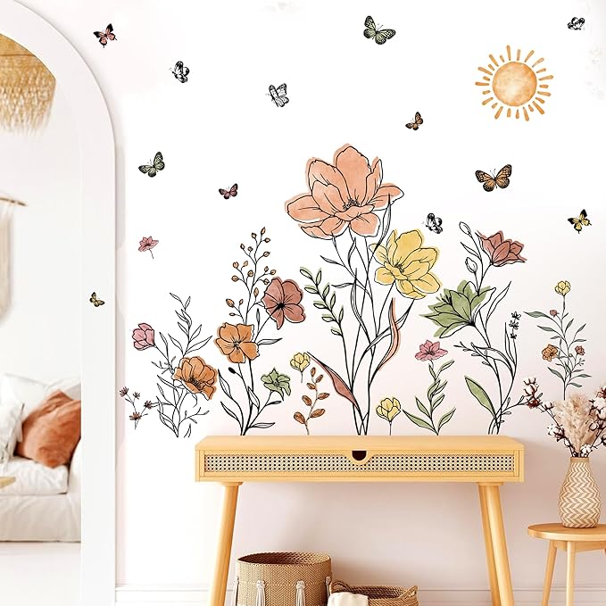Boho Flower Wall Decals Watercolor Flower Plants Wall Stickers Wildflower Floral Walls Decals for Living Room Peel and Stick Modern Line Butterflies Art Murals for Girls Bedoom Office Home Decoration
