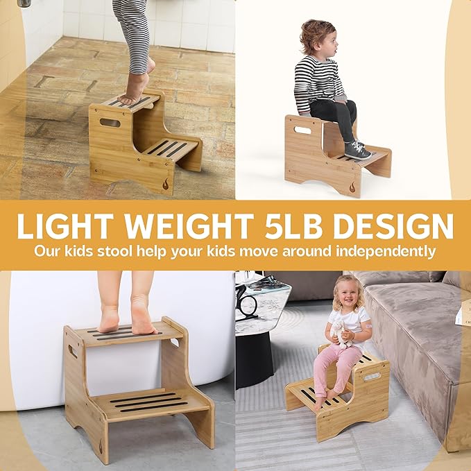 HUOLI Wooden Kids Step Stool | 13" W by 12" H - 300LB Capacity | Kids Stool & Toddler Stool for Bathroom is Lightweight, Anti-Slip, Easy Assembly with Smooth Rounded Edges, Bamboo Step Stool