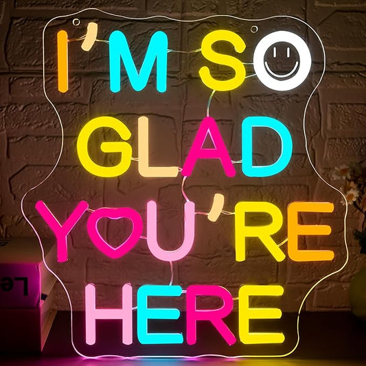 I'm So Glad You Are Here Neon Sign for Wall Decor Dimmable Welcome Sign for Classroom Inspirational Positive Wall Art Decor for Party Home Gym Office Bedroom Gifts for Teens Size 11.8*10.9in(GLNP244)