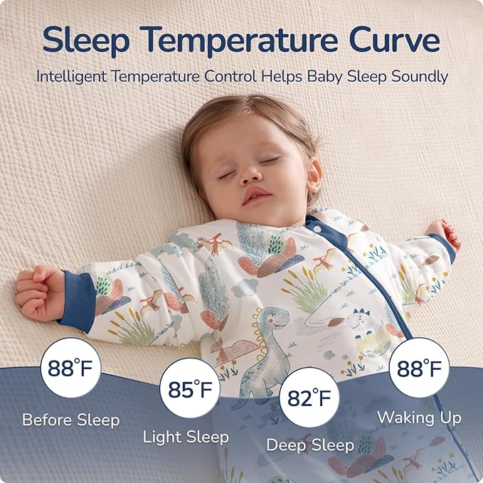 Baby Sleep Sack 18–24 Months, 2.5 TOG Warm Cotton Sleep Sack with Detachable Long Sleeves, Winter Wearable Blanket for Cold Nights, 2-Way Zipper Toddler Sleeping Sack, Dinosaur