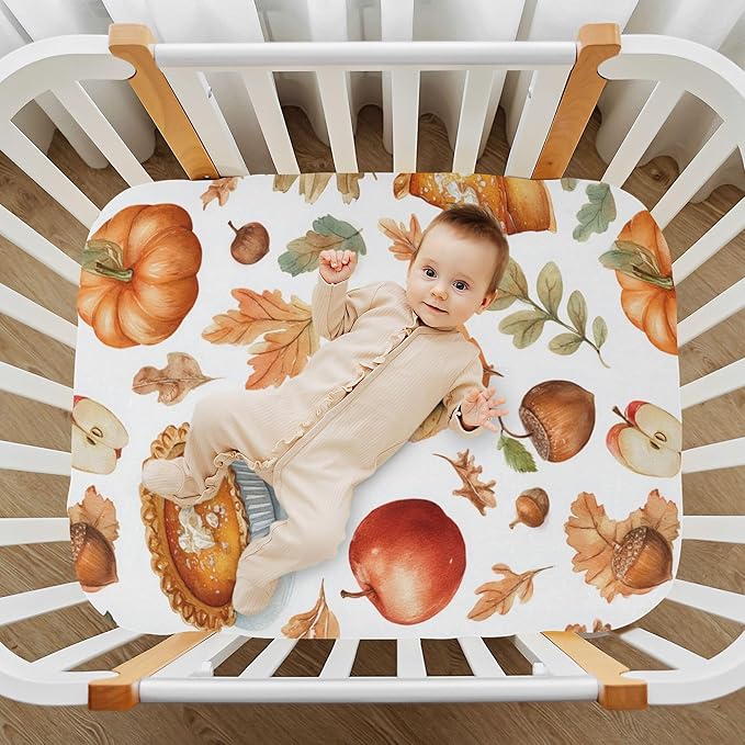 Thanksgiving Pumpkins Pie Crib Sheets Soft Breathable Fitted Baby Crib Sheets Mattress Cover for Girls Boys, 52" x 28" x 9"