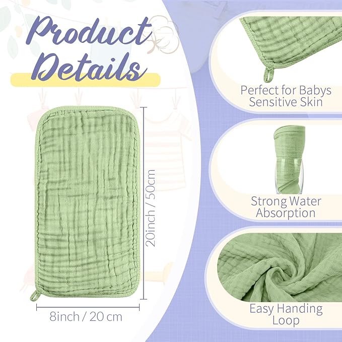 VitalCozy 6 Pcs Baby Muslin Hooded Bath Towels and Washcloths Muslin Cotton Hooded Baby Towels Absorbent Blankets for Gift Newborn Infant Shower (32 x 32 Inch,Light Blue,Light Green)