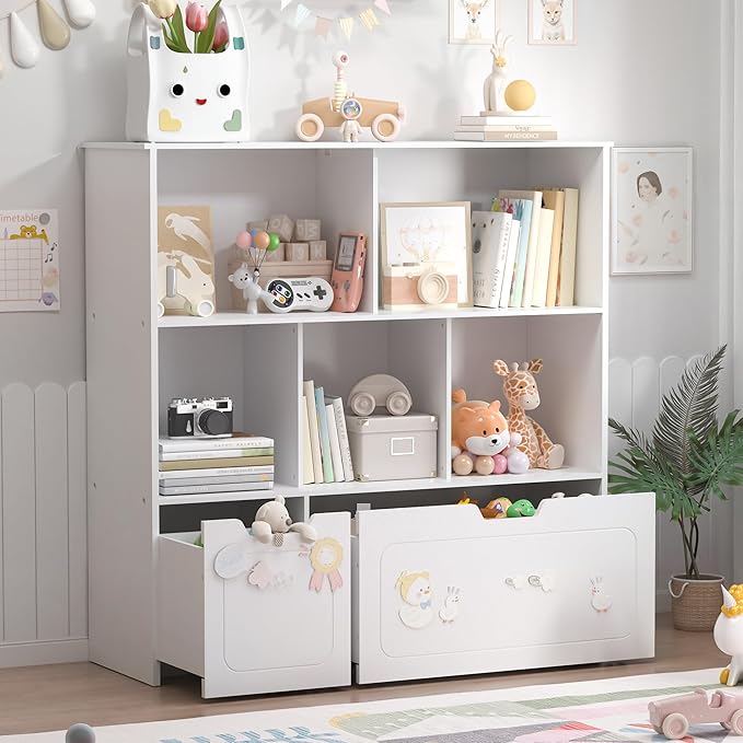 BRINJOY Toy Storage Organizer with 2 Movable Drawers, 3-Shelf Kids Bookcase Children's Toy Chest Cabinet for Playroom Bedroom Daycare Nursery School, 5 Cubes Montessori Bookshelf