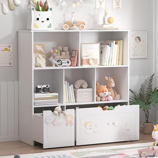 BRINJOY Toy Storage Organizer with 2 Movable Drawers, 3-Shelf Kids Bookcase Children's Toy Chest Cabinet for Playroom Bedroom Daycare Nursery School, 5 Cubes Montessori Bookshelf