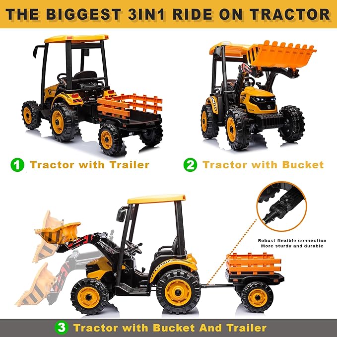 24V Kids Ride On Tractor w/Remote Control, 3IN1 Riding Tractor w/Trailer&Front Loader, Power Wheels 24V Ride on Toys for Boys Girls, Kids Ride on Excavator (Yellow Tractor with Trailer&Front Loader)