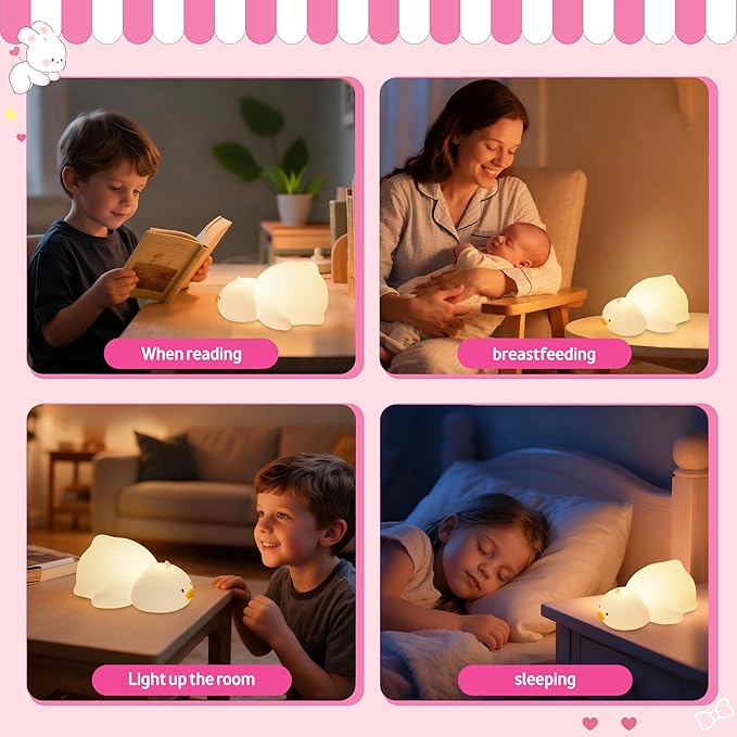 loatme Night Light for Kids, Rechargeable Dimmable Silicone LED Nightlight with 7 Colors, Baby Nursery Night Lamp, Touch Squishy Lamp, Cute Gifts for Girls, Boys, Toddler Room Decor, Lying Duck