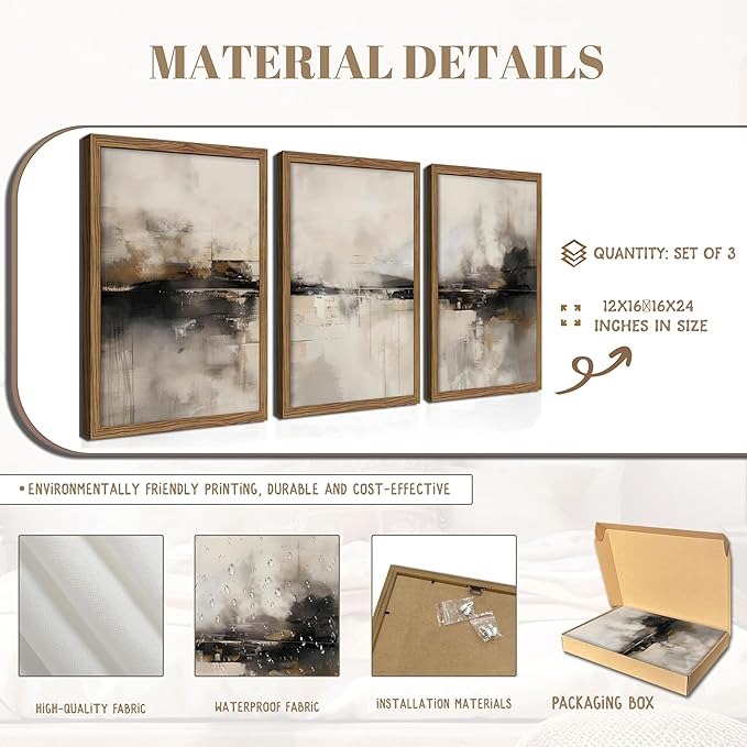Neutral Abstract Wall Art Set of 3, Modern Black Brown Abstract Wall Decor Paintings, Minimalist Beige Textured Prints Pictures for Living Room Bedroom Office Home Decor 16x24 Inch Wood Framed