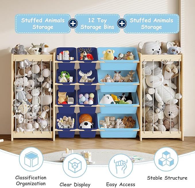 EXPERLAM Toy and Stuffed Animal Storage, 12-Bin Toy Shelf with Double-Sided Stuffed Animal Holder & Thicker Elastic Ropes, Space-Saving Solid Wood Toy Organizer for Playroom, Nursery, Bedroom, Blue