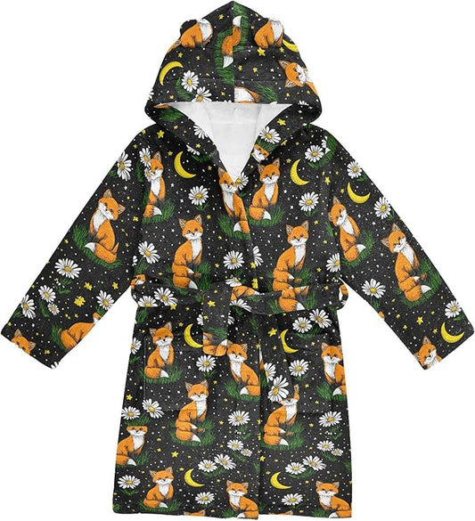 Fox Floral Cute Stars Bathrobe Hooded PJ Robe Soft Fleece Robe Pajama Sleepwears 2-12 Years