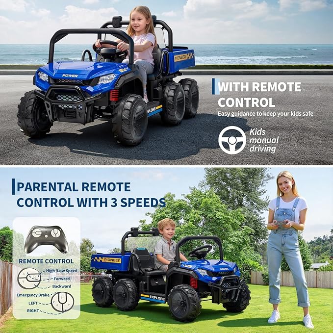 24V 4WD Electric Ride-on Dump Truck for Kids, 2-Seater with Parental Remote Control, 3 Speeds, All-Terrain Off-Road Toy Car for Boys Girls, Blue