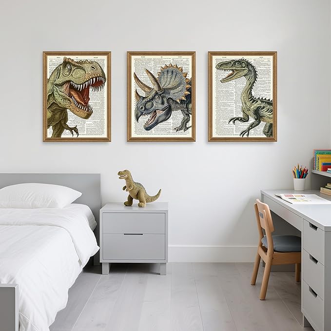 Ovczax 3 Pieces Dinosaur Canvas Wall Art - Tyrannosaurus Rex, Triceratops, Velociraptor Decor For Kids Room Game Room, Living Room, Bedroom 24" x 16"With Framed