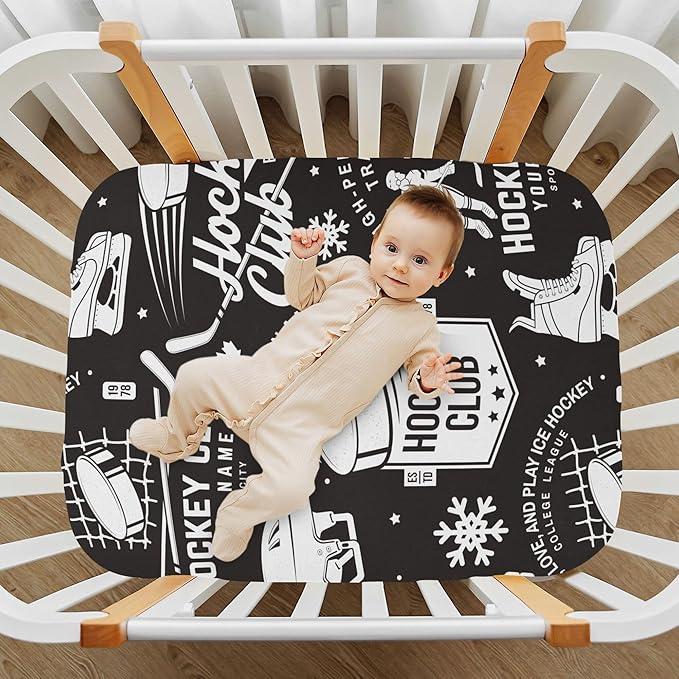 Ice Hockey Retro Black Crib Sheets Soft Breathable Fitted Baby Crib Sheets Mattress Cover for Girls Boy, 52" x 28" x 9"