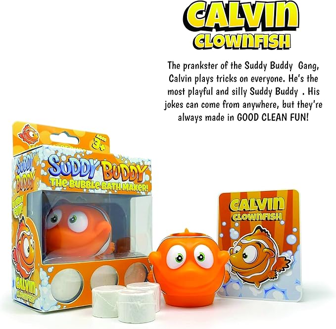 Suddy Buddy Bubble Bath Toy, Kids Ages 3+, Boys & Girls, Safe & Clean, Collect All Four. Includes: 1 Character Soap Dispenser, 1 Trading Card, and 3 Super Bubble Drops. Clownfish