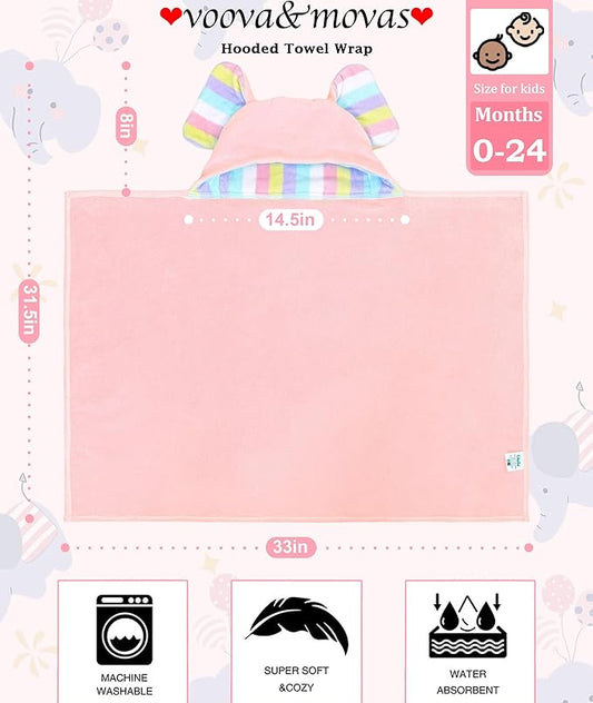 VOOVA & MOVAS Thick Baby Hooded Bath Towel - 100% Cotton,500GSM, 33x31.5 Inches,0-2Years,Super Absorbent Large Towel with Cute Elephant Ears Hood for Newborn, Baby, Infant, Baby Essentials,Pink