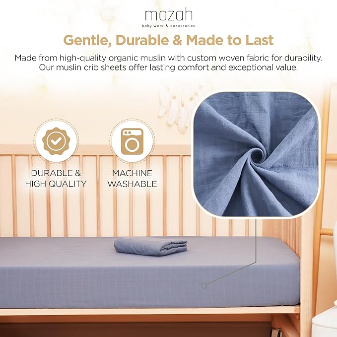 MOZAH Organic Muslin Crib Sheets, Soft and Breathable Bedding for Baby Girls or Boys, Snug Fitted Sheet for Standard Cribs & Toddler Mattresses, 2 Pack, Blue