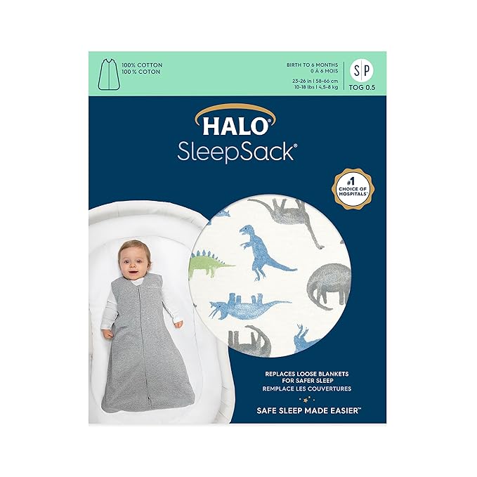 HALO SleepSack, 100% Cotton Wearable Blanket, Swaddle Transition Sleeping Bag, TOG 0.5, Watercolor Dinos, Medium, 6-12 Months