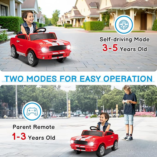Winado Licensed Shelby Electric Car for Kids, Battery Powered Ride On Toy for Toddlers with Remote Control, Upgrade Display Panel, Bluetooth, Shock Absorbers, Safety Belt, 3 Speeds, LED Lights - Red