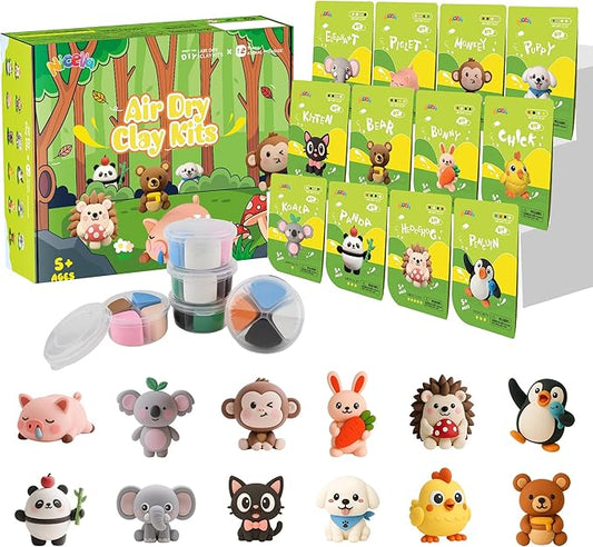 Air Dry Clay Kit, 12 Animals Modeling Clay for Kids, Model Magic Clay with Sculpting Tools and Tutorials, Safe & Non-Toxic, DIY Arts & Crafts School Projects, Home Party Favors for Boys & Girls