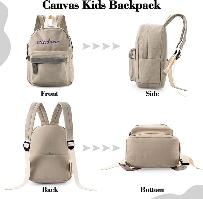MT WORLD Daycare Backpack - Personalized Canvas Backpack with Name - Classic 12inch Daypack with Back Pocket - Custom Daycare Diapering Bag for Overnight Travel Birthday Gifts (Stone Gray, Medium)