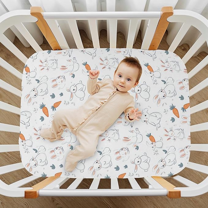 White Rabbit and Carrot01 Crib Sheets Standard Crib Toddler Mattresses Cover Fitted Baby Bed Sheet Breathable Crib Mattress Sheet for Girls Boys 39''x27''x9''