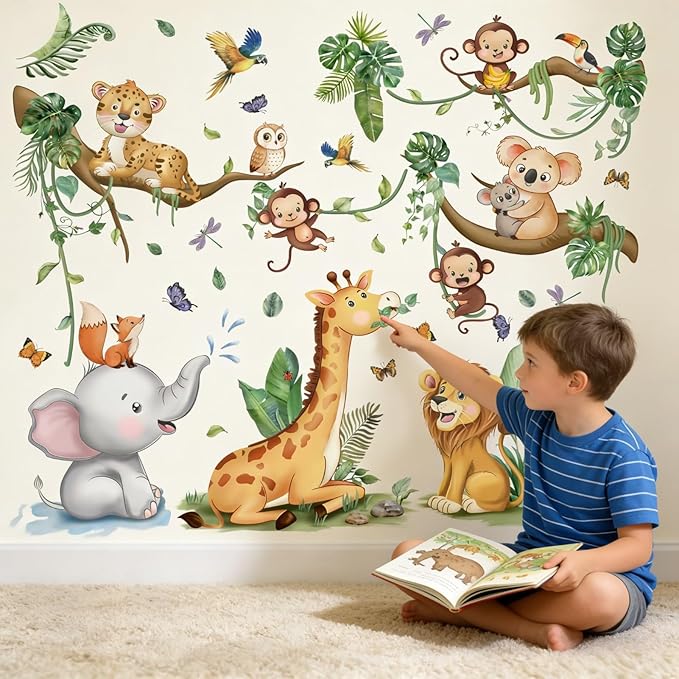 Baby Animal Wall Decals for Nursery: Jungle Safari Theme Kids Room Decor with Peel and Stick Removable Vinyl Wall Stickers for Kids Ages 0-12 Years