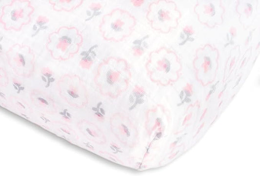 SwaddleDesigns Softest Cotton Muslin Fitted Crib Sheet, Toddler Sheet for Boys & Girls, Fits Standard Crib Mattress (28 x 52 inches), Pastel Pink Posies