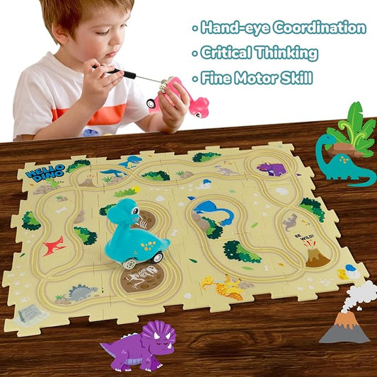 Puzzle Racer Kids Car Track Set with 2 Dino Cars, Kids Toys Boys 3-5, Toys for 3 4 5 6 Year Old Boys, Toys for Ages 3-4, Car Tracks for Toddlers, Montessori Toys for 3+ Year Old